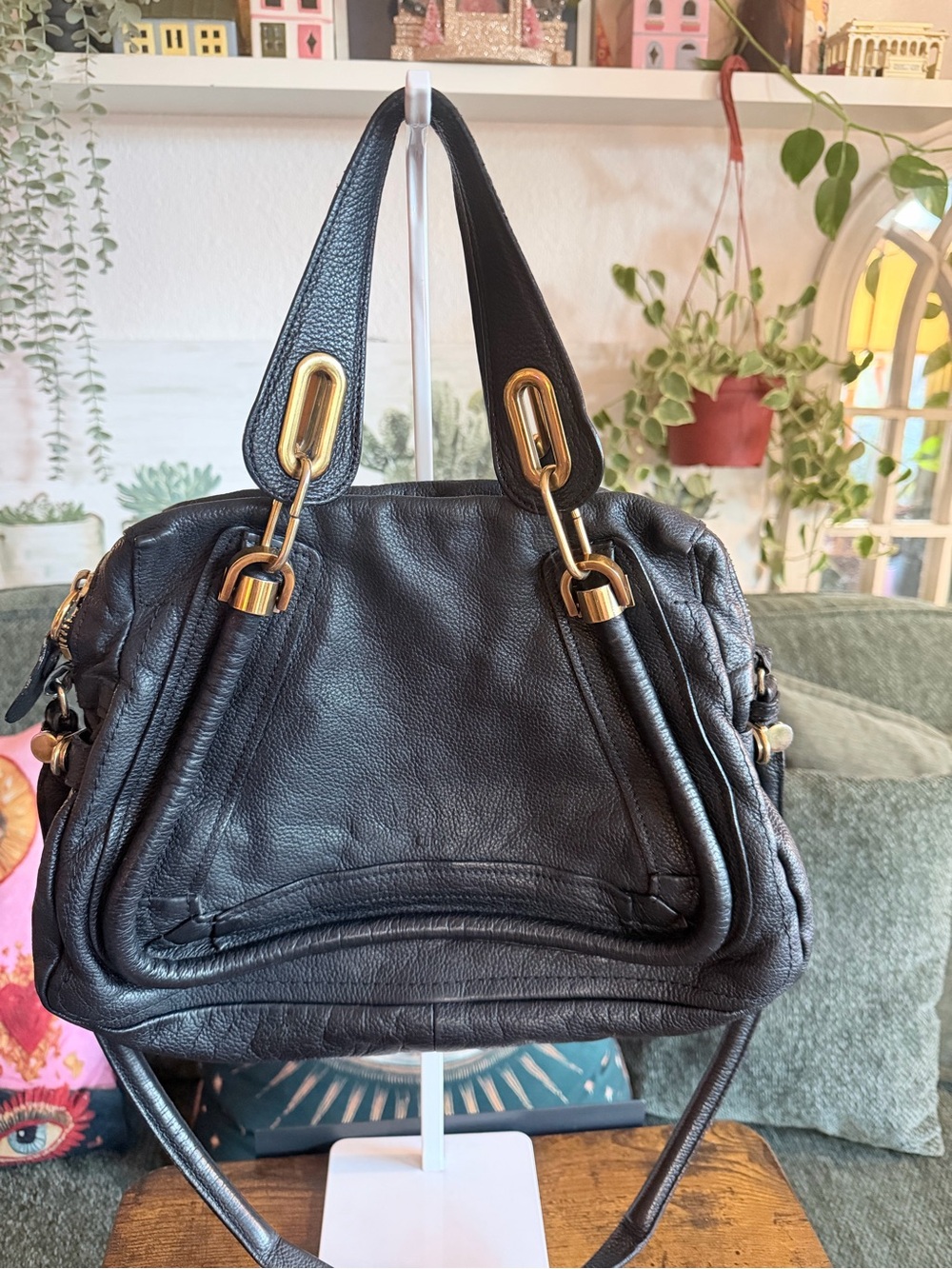 Chloe Paraty Medium in Black Leather Shoulder Bag with Gold Hardware